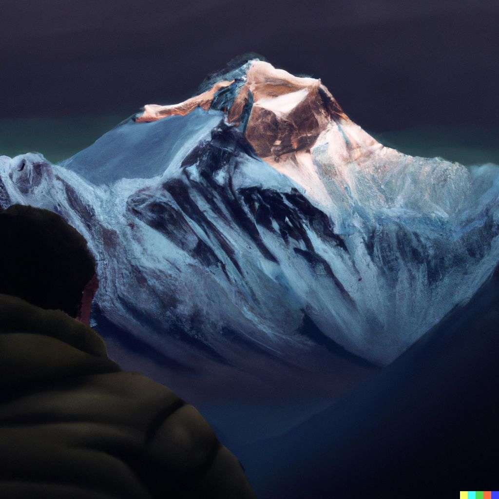 someone gazing at Mount Everest, digital art, glowing
